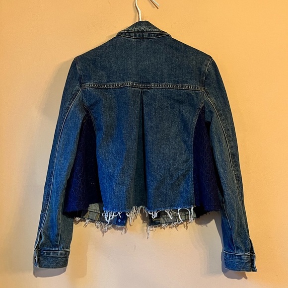 Free people Oversized Lace Paneled Denim Jacket Cropped Frayed Hem SZ Small Blue - Picture 5 of 15